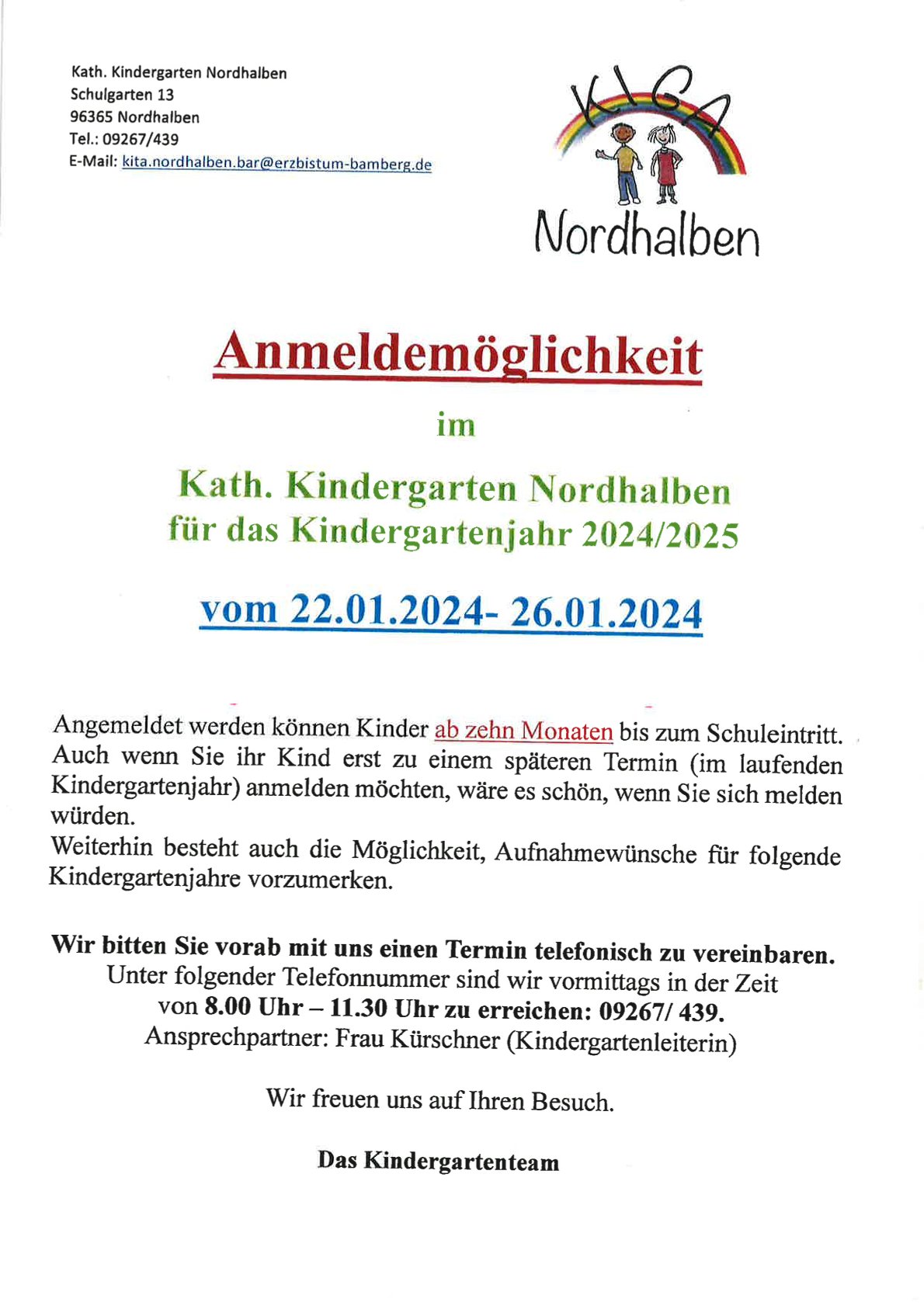 Anmeldemöglichkeit im Kath. Kindergarten Nordhalben | Markt Nordhalben