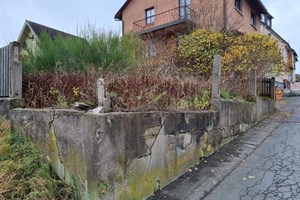 Bild 1: Grundstück vorher mit baufälliger Mauer